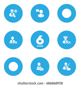 Set Of 6 Position Icons Set.Collection Of Cameraman, Scholarly, Leaner And Other Elements.