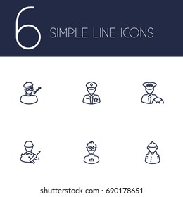 Set Of 6 Position Outline Icons Set.Collection Of Policeman, Programmer, Soldier And Other Elements.