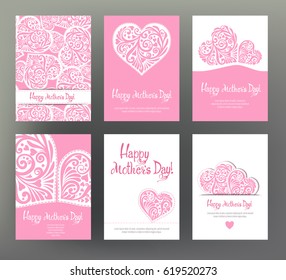 Set of 6 postcard or banner for Happy mother's Day with Love heart. Stock line vector illustration.