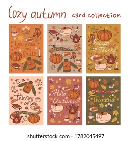 Set of 6 postcards of a cozy autumn. Vector graphics.