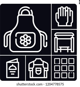 Set of 6 poster outline icons such as menu, bus stop, apron