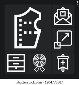 Set of 6 poster outline icons such as banner, ribbons, letter, graphic design, chest of drawers