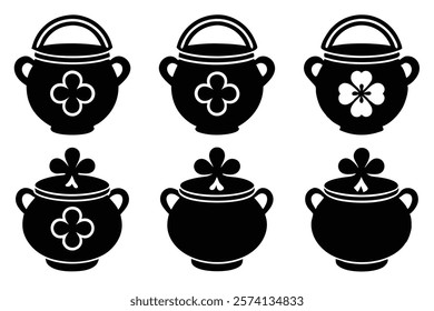 set of 6 Pot of gold silhouette vector cartoon illustration