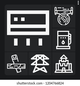 Set of 6 power outline icons such as saw, power line, fuel, medieval