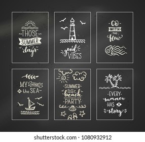 Set of 6 pre-made chalk ocean greeting cards. Unique calligraphic quotes and phrases written by brush. Chalk doodle illustrations on dark blackboard background. Ready-to-use prints for you.