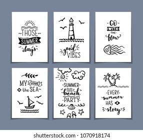 Set of 6 pre-made sea / ocean greeting cards. Unique calligraphic quotes and phrases written by brush. Black and white doodle illustrations. Ready-to-use prints for you.