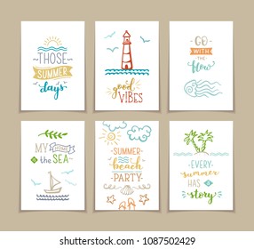 Set of 6 pre-made sea / ocean greeting cards. Unique calligraphic quotes and phrases written by brush. Doodle summer illustrations. Ready-to-use prints for you.