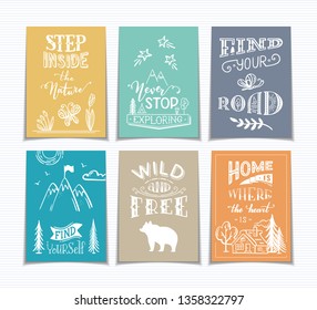 Set of 6 pre-made summer greeting cards. Unique calligraphic quotes and phrases written by brush. White doodle illustrations on coloured backgrounds. Ready-to-use prints for you.