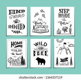 Set of 6 pre-made summer greeting cards. Unique calligraphic quotes and phrases written by brush. Black and white doodle illustrations. Ready-to-use prints for you.