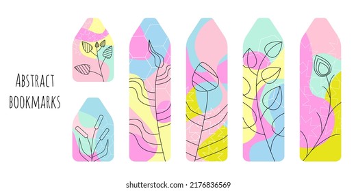 Set of 6 pretty bookmarks with neon colors spots and decorative elements. Bookmark templates for reading. Line botanical illustration. Bright and positive colors. Isolated on white background.