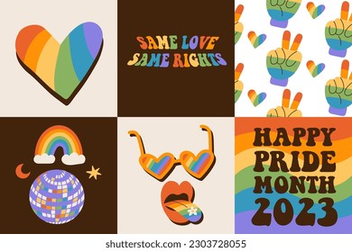 Set of 6 Pride month square cards with rainbow backgrounds, LGBTQ symbols, pattern, quote. Collection of queer social media post with groovy elements. LGBT banner in retro 60s 70s style. Flat Vector