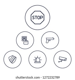 Set of 6 procuring icons line style set. Collection of siren, gun, surveillance and other elements.