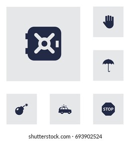 Set Of 6 Procuring Icons Set.Collection Of Hand , Sign , Strongbox Elements.