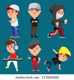 Set of 6 professional characters mix pack such as Rapper, tattoo artist, graffiti, DJ, painter, b-boy with equipment. Character design isolated on a blue background.