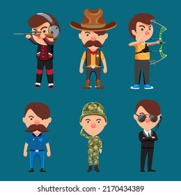 Set of 6 professional characters mix pack such as shooter, sheriff, archer, police, soldier, bodyguard with equipment. Objects isolated on a blue background.