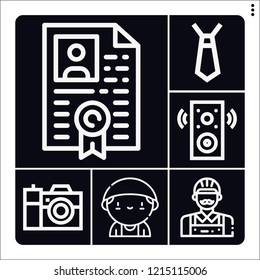 Set of 6 professional outline icons such as carpenter, resume, doctor, camera, speaker