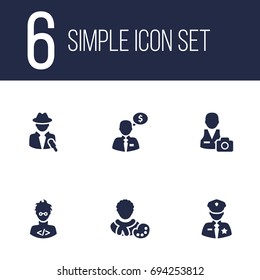 Set Of 6 Professions Icons Set.Collection Of Officer, Coder, Journalist And Other Elements.