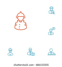 Set Of 6 Professions Outline Icons Set.Collection Of Teacher, Reporter, Banker And Other Elements.