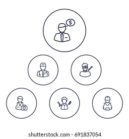 Set Of 6 Professions Outline Icons Set.Collection Of Banker, Worker, Designer And Other Elements.