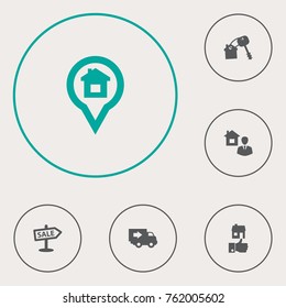 Set Of 6 Property Icons Set.Collection Of Truck, Like, Advertisement And Other Elements.
