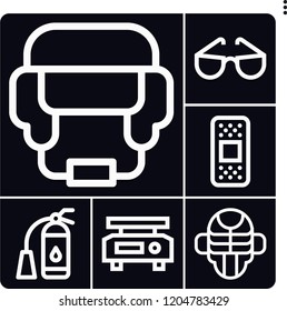 Set of 6 protection outline icons such as scale, band aid, fire extinguisher, helmet