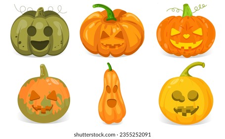 Set of 6 pumpkins with halloween faces