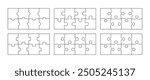 Set of 6 puzzle templates with 8 pieces. Simple mosaic layout with separate shapes. Outline puzzle grid collection. Modern background. Jigsaw laser cut frames. Vector illustration.