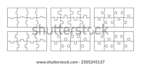 Set of 6 puzzle templates with 8 pieces. Simple mosaic layout with separate shapes. Outline puzzle grid collection. Modern background. Jigsaw laser cut frames. Vector illustration.