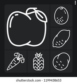 Set of 6 raw outline icons such as potato, carrot, pineapple, kiwi