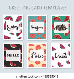 Set of 6 ready-made invitations gift cards templates with watermelon and poppy flowers and hand drawn inspirational quotes. Vector isolated. Birthday, holiday, greeting and invitation card.