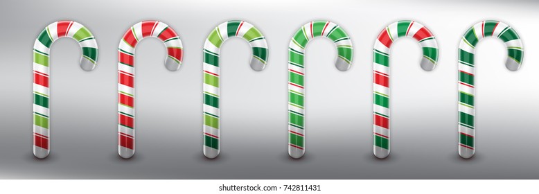 Set of 6 realistic Christmas candy canes. Christmas decoration. Design elements for holiday cards. Colorful and isolated on the white panel. Vector illustration. Eps10.