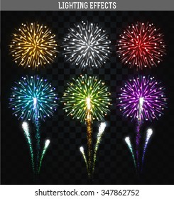 Set of 6 realistic fireworks different colors. Festive, bright firework for collage and design brochures, poster, wrapping paper, greeting card. Salute with transparency for design. Festive fireworks.