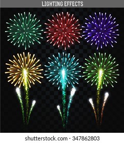 Set of 6 realistic fireworks different colors. Festive, bright firework for collage and design brochures, poster, wrapping paper, greeting card. Salute with transparency for design. Festive fireworks.