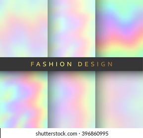 Set Of 6 Realistic Holographic Backgrounds In Different Colors For Design. Hologram To Create Trendy Modern Design. Backgrounds For Design Cards, Filling Silhouettes, Pattern Design To Printing.