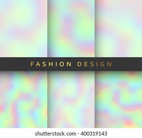 Set of 6 realistic holographic backgrounds in different colors for design. Hologram to create trendy modern design. Backgrounds for design cards, filling silhouettes, pattern design to printing.