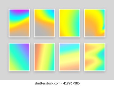 Set of 6 realistic holographic backgrounds in different colors for design. Hologram to create trendy modern design. Backgrounds for design cards, filling silhouettes, pattern design to printing.