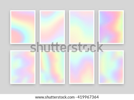 Set of 6 realistic holographic backgrounds in different colors for design. Hologram to create trendy modern design. Backgrounds for design cards, filling silhouettes, pattern design to printing