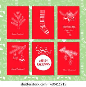 Set of 6 red Christmas cards on green patterned background.