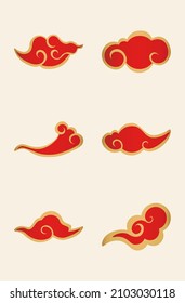 set of 6 red colored cloud vectors with gold colored line on a white background. chinese clouds, chinese cloud vector
