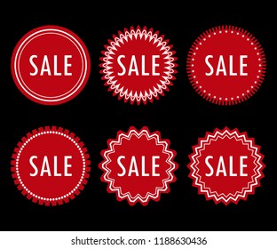Set of 6 red stickers (labels, sticker) of different shapes with the word sale