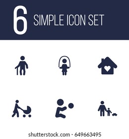 Set Of 6 Relatives Icons Set.Collection Of Perambulator, House, Grandpa Elements.