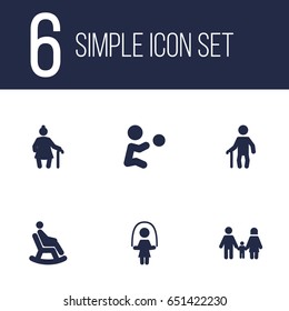Set Of 6 Relatives Icons Set.Collection Of Relatives, Girl, Rocking Chair And Other Elements.