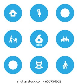 Set Of 6 Relatives Icons Set.Collection Of Expectant Mother, Cot, Married And Other Elements.