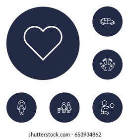 Set Of 6 Relatives Outline Icons Set.Collection Of Boy, Car, Skipping Rope And Other Elements.