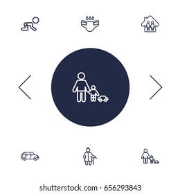 Set Of 6 Relatives Outline Icons Set.Collection Of Grangmother, Car, Crawling Kid And Other Elements.