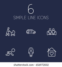 Set Of 6 Relatives Outline Icons Set.Collection Of Crawling Kid, Couple, Home And Other Elements.