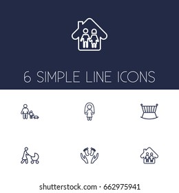 Set Of 6 Relatives Outline Icons Set.Collection Of Parents, Skipping Rope, Playing And Other Elements.