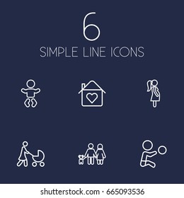 Set Of 6 Relatives Outline Icons Set.Collection Of Pregnant Woman, Stroller, Home And Other Elements.