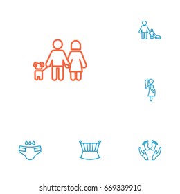 Set Of 6 Relatives Outline Icons Set.Collection Of Playing, Diaper, Pregnant Woman And Other Elements.