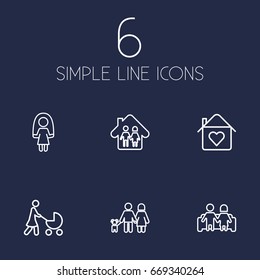 Set Of 6 Relatives Outline Icons Set.Collection Of Skipping Rope, Home, Parents And Other Elements.